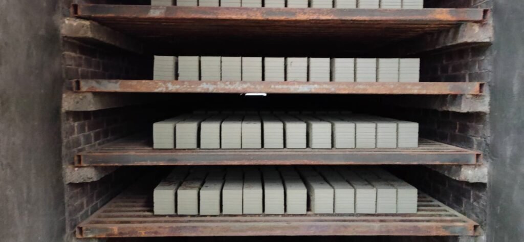 Green brick drying rack close view