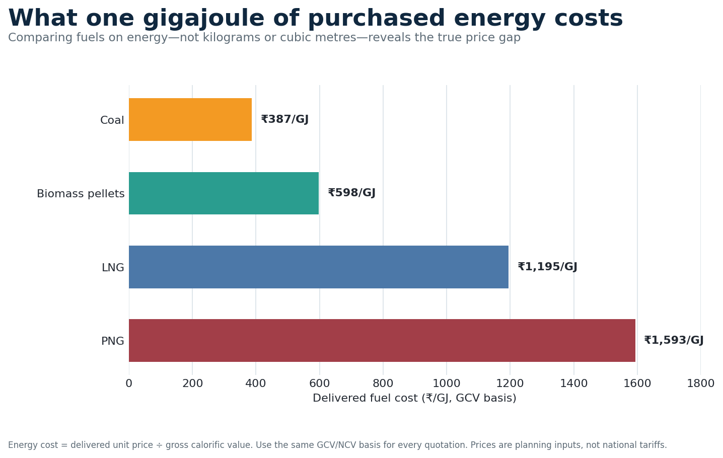Bar chart comparing delivered energy cost: coal ₹387 per GJ, biomass pellets ₹598, LNG ₹1,195 and PNG ₹1,593 on a GCV basis.