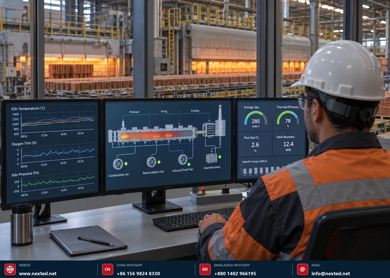 Tunnel kiln operator using digital process controls for temperature, oxygen, pressure and heat recovery