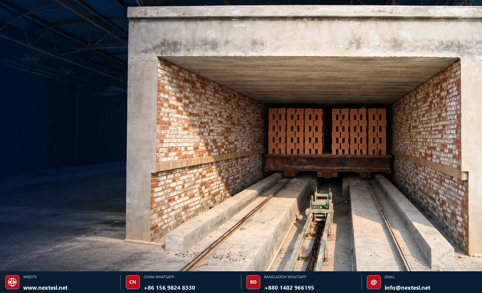 Real tunnel kiln brick plant with two kiln openings, rail tracks and a brick-loaded kiln car