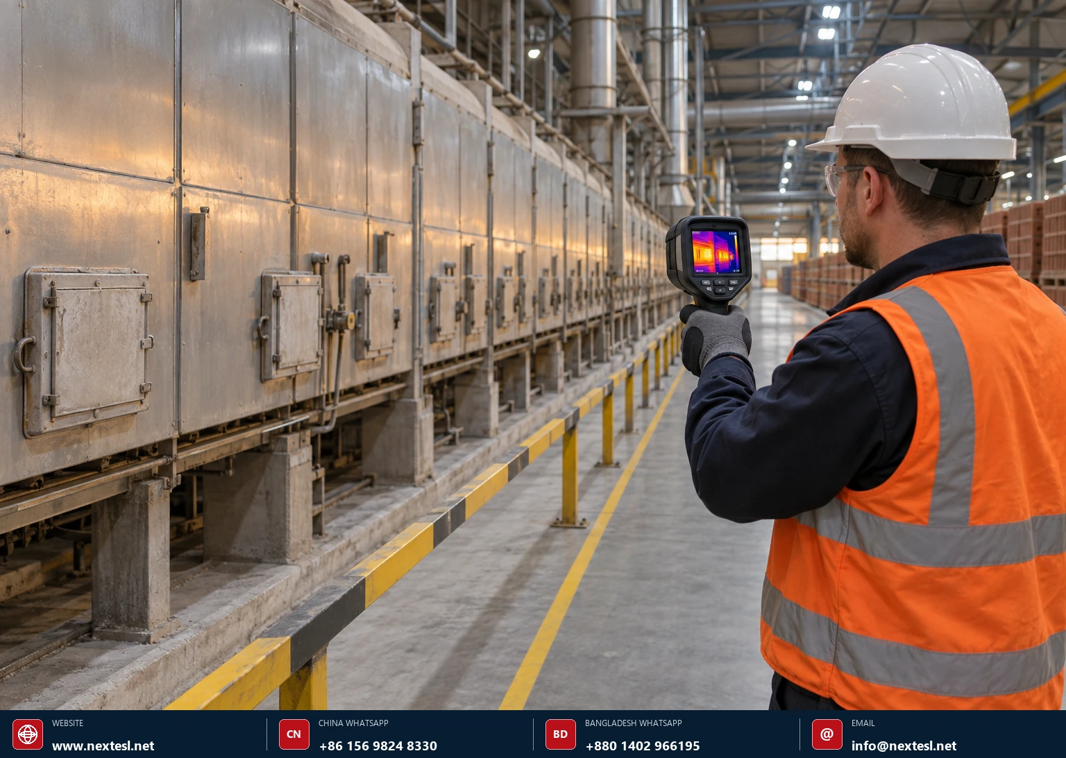 Engineer carrying out a thermal-imaging inspection of a tunnel kiln exterior